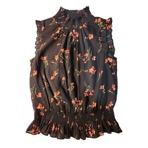 J. Crew Black & Red Floral Sleeveless Blouse Size 00 Ruffle Neck Career Top